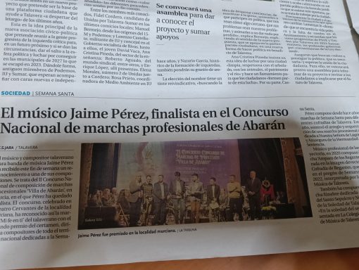 recorte de periodico del concurso en villa de abaran donde la marcha mi fe a ti obtuvo el segundo premio autor Jaime Perez